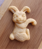 Unbaked hangable bunny cookie molded with an Artesao Silicone Cookie Mold on a light wood board