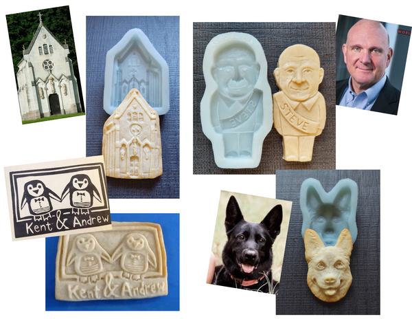 Custom cookie mold examples. A custom caricature, a custom dog, a custom wedding cookie favor, a custom chapel mold of the Lalande chapel of the popular you tube blog "The Chateau Diaries" in France.
